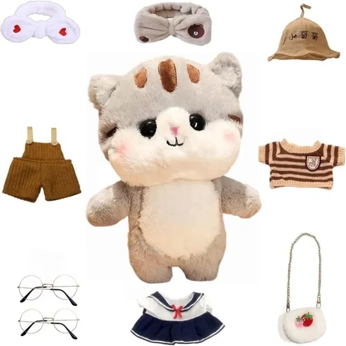 Miniatura 7 de Juguete de peluche de pato con 9 trajes y accesorios para combinar con ropa de vestir para niños (12 pulgadas) (gato gris)