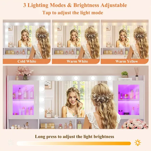 Miniatura 5 de HUAHUU Escritorio grande con espejo y luces, tocador de maquillaje de 54.3 pulgadas con 4 gabinetes RGB y 4 cajones, juego de tocador blanco