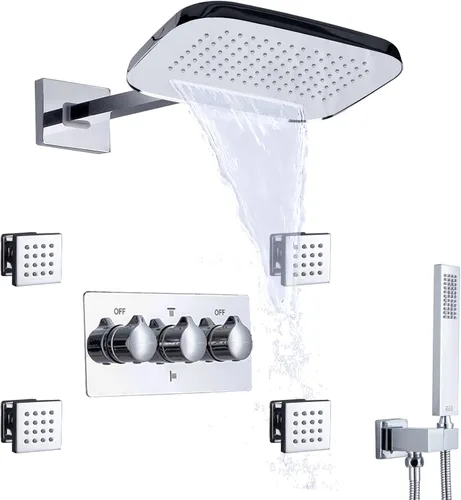 Miniatura 10 de Cabezal de ducha de lluvia de cascada cepillado con rociador de mano montado en la pared de latón 8 x 10 pulgadas, sistema de ducha de lluvia