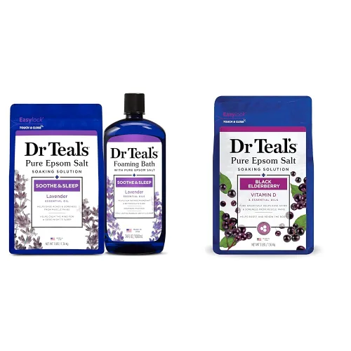 Dr Teal's Solución de remojo de sal de Epsom y baño espumoso con sal de Epsom pura, remojo de sal de Epsom pura y lavanda, saúco negro con vitamina