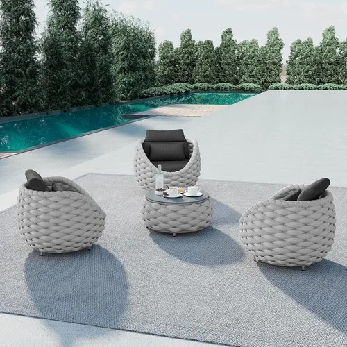 Miniatura 39 de Juego de muebles de patio de cuerda de 4 piezas: conjunto de sofás al aire libre de aluminio acolchado - sofá de conversación moderno ensamblado