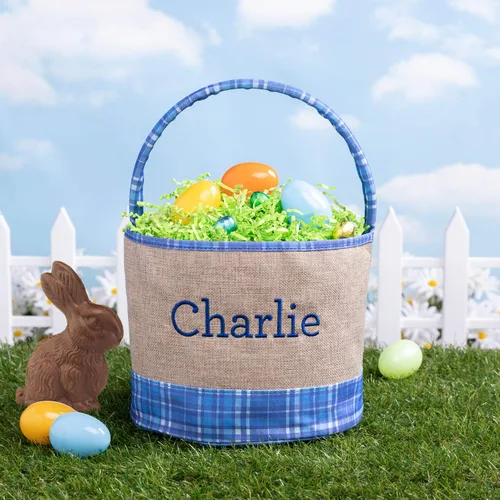 Miniatura 2 de Bolsa de cubo de Pascua personalizada con nombre personalizado Bolsa de Pascua de arpillera a cuadros azules con asa Cesta de huevos para niños