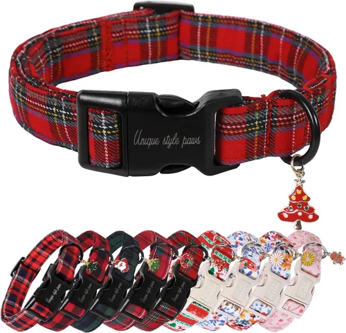 Miniatura 28 de Collar de perro de Navidad de Unique Style Paws con hebilla de plástico y colgante, a cuadros rojo y negro, collares de algodón para cachorros