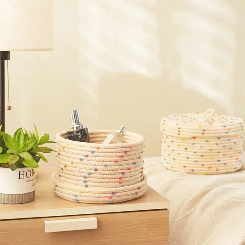Miniatura 5 de Esme L&H Cesta pequeña de cuerda con tapa, pequeña cesta de almacenamiento tejida redonda de 10 x 6 pulgadas con tapa para organizar, pequeña