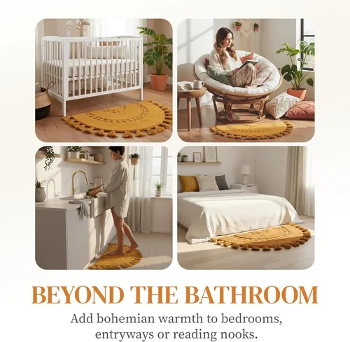 Miniatura 6 de Alfombras de baño bohemias, alfombra de algodón de medio círculo con inserto de ganchillo, borlas y parte trasera antideslizante, tapete de baño