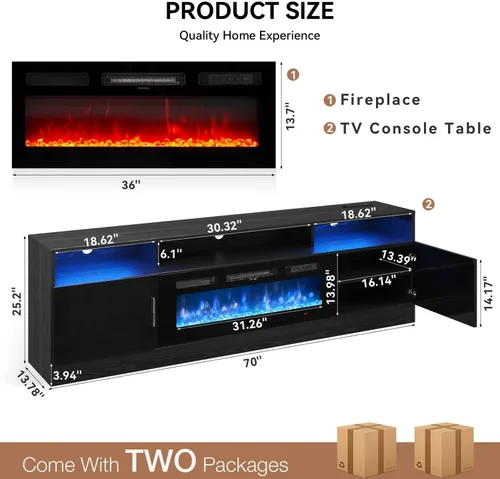 Miniatura 2 de MXV - Soporte de TV con chimenea de 70 pulgadas con toma de corriente para televisores de hasta 80 pulgadas, centro de entretenimiento con chimenea