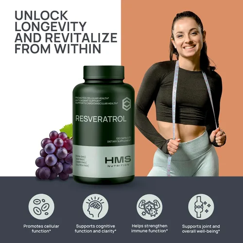 Miniatura 4 de HMS Nutrition Resveratrol 1400 mg por porción — 120 cápsulas veganas Trans‑resveratrol de alta potencia con acai, semilla de uva y té verde