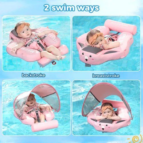 Miniatura 3 de Mambobaby - Flotador de piscina para bebé no inflable con cola y toldo, protección solar UPF 50+, sin volteo, flotador de natación para bebé, Rosa