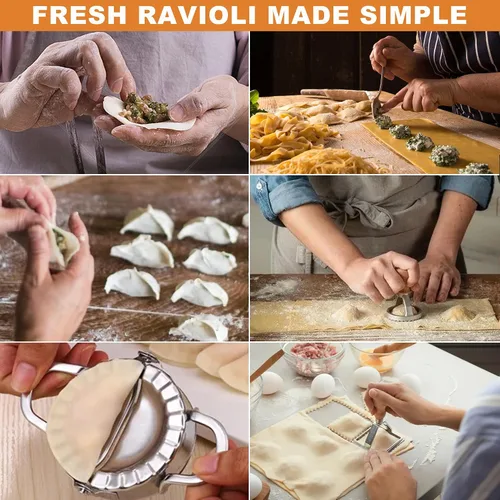 Miniatura 6 de Cortador de pasta de ravioles con rueda de rodillo (juego de 6), juego de cortador de ravioles con mango de madera, herramientas para hacer bolas