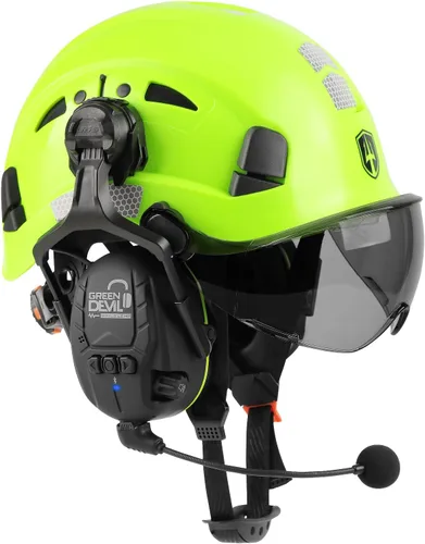 CASCO DE SEGURIDAD CON VISERA Y OREJERAS BLUETOOTH GREEN DEVIL Casco Duro de Trabajo con Protección Completa, Ventilado, Casco de Construcción ANSI