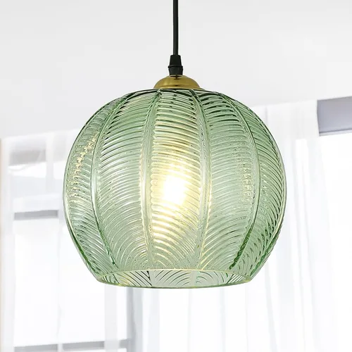Lámpara Colgante de Cristal Verde, Iluminación Colgante de Globo Grande Individual de 9.8 Pulgadas Nórdica Acanalada para Techo Colgante, Lámpara de