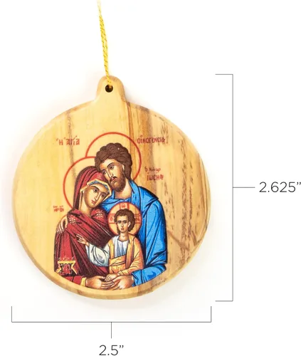 Miniatura 2 de Adornos de Navidad católicos – Sagrada Familia Bizantina Icono Redondo Adornos de Madera de Olivo de Tierra Santa – Pequeños adornos de Navidad