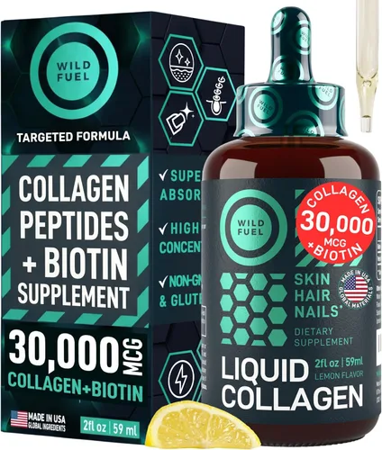 Miniatura 10 de Péptidos de colágeno líquido con gotas de biotina, 30,000 mcg de biotina y colágeno líquido para mujeres y hombres, piel juvenil, crecimiento