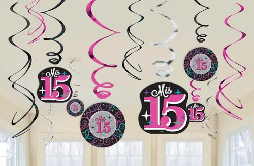 Elegant Mis Quince Años - Paquete de decoraciones de fiesta de cumpleaños con remolinos de aluminio (paquete de 12), multicolor, 7 pulgadas.