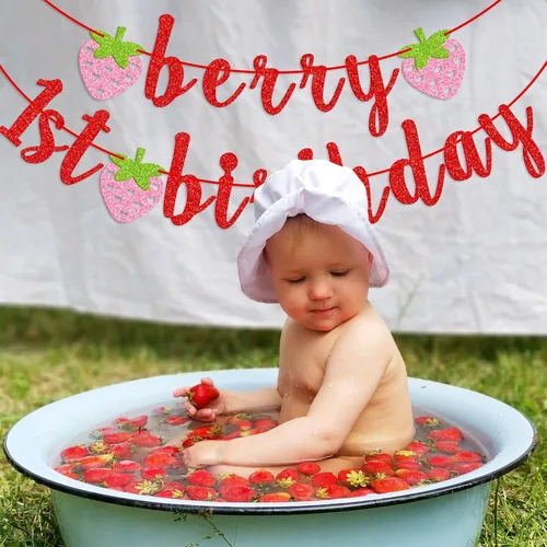 Miniatura 7 de Banner de primer cumpleaños de bayas, pancarta de fresa con purpurina, decoración de primer cumpleaños (rojo)