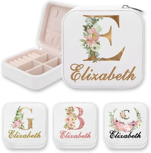 Miniatura 2 de iDWYN Joyero de cuero personalizado con inicial de nombre y flor, estuche organizador de joyas, estuche organizador de joyas, regalos de cumpleaños