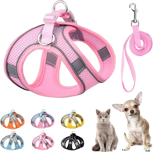 Miniatura 10 de Juego de arnés y correa suave para perros pequeños y pequeños, arnés de malla para cachorros, correa de fácil paseo, chaleco ajustable reflectante