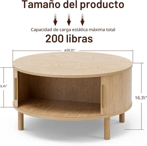 Miniatura 2 de ZttRiee Mesa auxiliar para sala de estar, moderna mesa de centro redonda con armarios y puertas correderas, espacio pequeño para el hogar, mesa