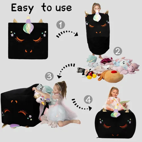 Miniatura 3 de Sillones puf de unicornio negro, ideas de almacenamiento de animales de peluche para decoración de habitación de niñas, soporte y organizador