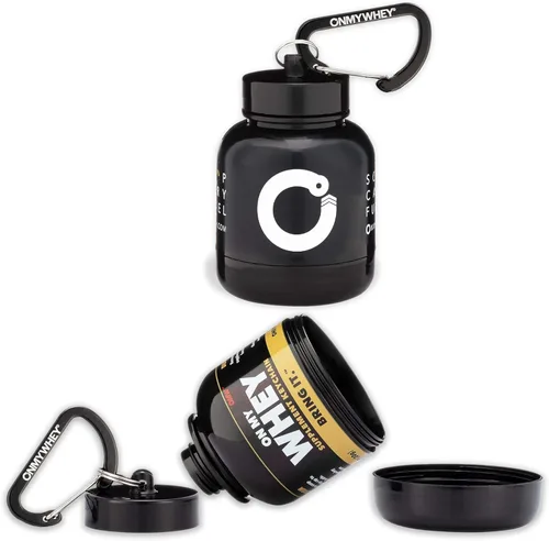 OnMyWhey - Llavero de embudo de proteína en polvo y suplemento, contenedor portátil para el gimnasio, entrenamientos, fitness y viajes - Aprobado
