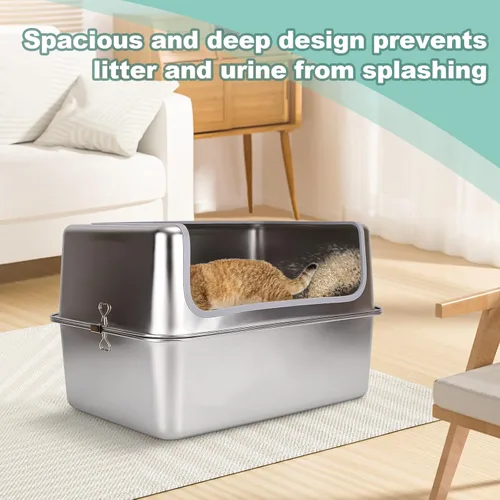 Miniatura 5 de Cajas de arena de acero inoxidable XL para gatos con tapa de metal, bandeja de arena extragrande de 20 x 14 x 12 pulgadas con recinto de pared alta