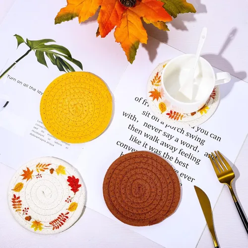 Miniatura 4 de Posavasos de otoño de Acción de Gracias de Whaline Hojas de arce hechas a mano trenzadas de algodón para bebidas, naranja y amarillo