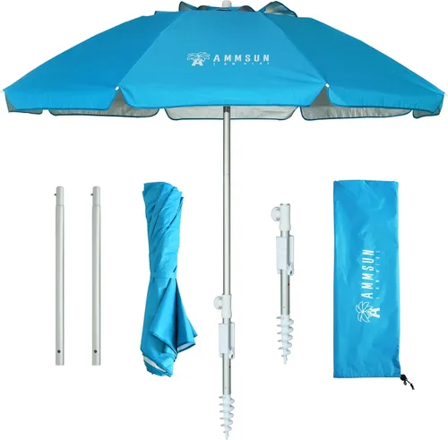AMMSUN - Sombrilla de playa portátil de 6.5 pies, plegable dos veces, con ancla de arena, poste inclinable a prueba de viento, ventilación de aire,