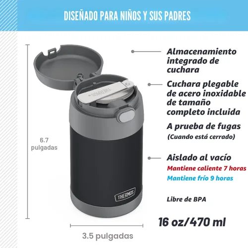 Miniatura 2 de THERMOS FUNTAINER - Tarro de alimentos aislado de 16 onzas, termo para alimentos apto para niños con cuchara plegable, color carbón mate