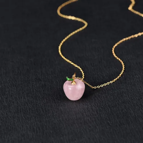 Miniatura 2 de ZPMMPZ Collar de manzana, collar de cuarzo rosa, collar de cuarzo rosa manzana, collar con colgante de manzana de cristal rosa para mujeres y niñas