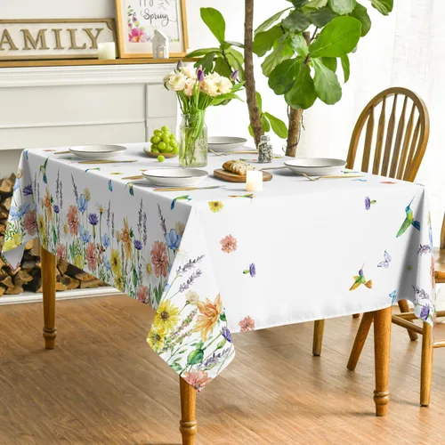 Miniatura 3 de Horaldaily Mantel de primavera y verano de 52 x 70 pulgadas, diseño de flores, mariposas y pájaros, lavable, para decoración de fiestas, pícnic