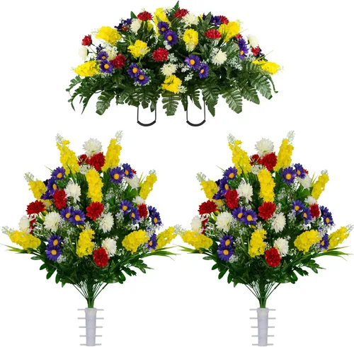 Miniatura 31 de Sympathy Silks Flores artificiales para cementerios – Decoraciones para tumbas - 1 ramo de flores silvestres de violeta púrpura y naranja, 1 montura