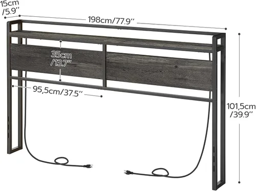 Miniatura 3 de HOOBRO Cabecera tamaño King, cabecera con 2 salidas y 4 puertos USB, altura ajustable, estante de almacenamiento, resistente y estable, fácil Gris