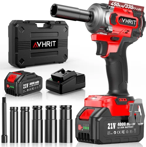Llave de impacto inalámbrica de 3/8 pulgada, pistola de impacto eléctrica de 450 N.m/ 330 Ft-lbs con motor sin escobillas, batería de 4000 mAh,