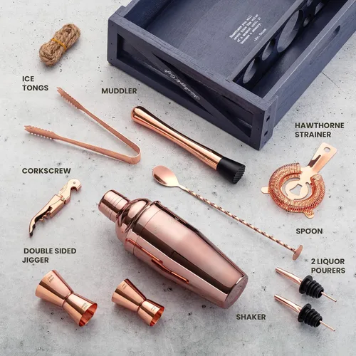 Miniatura 2 de Conjunto de accesorios para cócteles y bar con soporte de madera rústica Cobre
