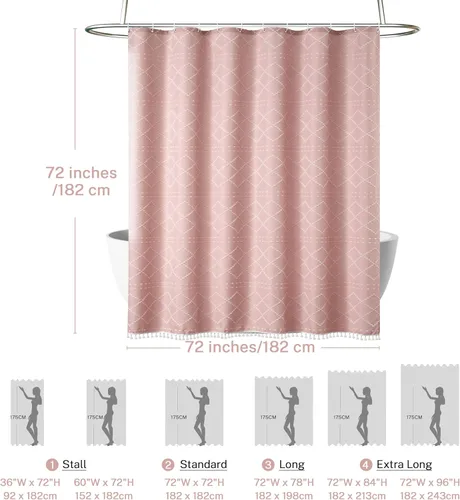 Miniatura 5 de Siiluminisoy Cortina de ducha bohemia rosa con textura y borlas de 72 x 72 pulgadas con tul, cortina de ducha de chenilla tejida con rayas chevrón