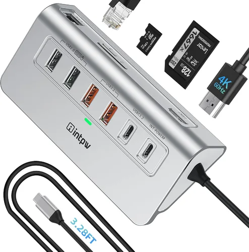 Miniatura 14 de intpw P9R PRO USB C Hub Ethernet, Estación de acoplamiento USB C de 10Gbps 10-en-1 con HDMI 4K@60Hz, Tipo-C y 2 USB A 3.2 Datos, LAN, 2 USB A 2.0