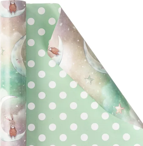 Miniatura 2 de RUSPEPA Rollo de papel de regalo reversible, rollo jumbo, conejo lunar y patrón de puntos para envoltura de regalos neutros de bebé, fiesta