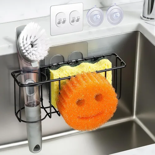 Miniatura 10 de Soporte de esponja 3 en 1 para fregadero de cocina, 2 opciones de suspensión (ventosas y gancho adhesivo), organizador de fregadero colgante