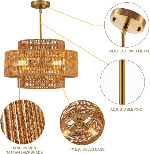 Miniatura 4 de Lámpara de araña bohemia de ratán de 17.7 pulgadas, lámpara de tambor dorada tejida a mano con 4 luces, lámpara de granja para comedor, dormitorio