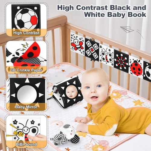 Miniatura 4 de Juguetes para recién nacidos, juguetes para bebés de alto contraste en blanco y negro, de 0 a 6 meses, con tarjetas sensoriales y sonajero, esencial