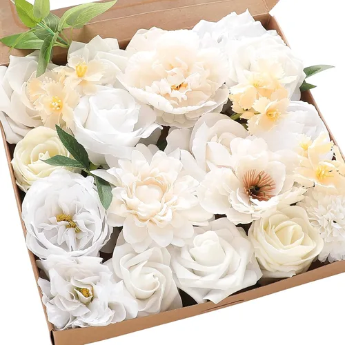Miniatura 23 de Floroom - Flores artificiales de aspecto real en color lila, lavanda, púrpura y crema, rosas falsas, dalias y vegetación en conjunto de caja
