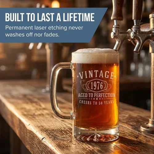 Miniatura 3 de Taza de cerveza de vidrio grabada vintage de 16 onzas, regalos de feliz cumpleaños 50 para él, mujeres, hombres, saludos a convertirse en un hombre