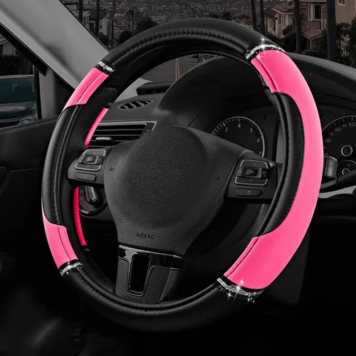 Road Comforts Funda de Volante de Cuero - Hecha con Cuero PVC - Antideslizante, Ajuste Universal de 14 1/2 pulgadas a 15 pulgadas - Rosa Intenso