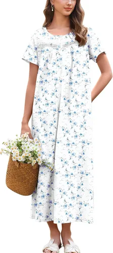 Ekouaer Camisón para Mujeres de Algodón Camisón Largo de Noche Camisón de Manga Corta con Bolsillos Camisón con Botones Ropa de Dormir Suave