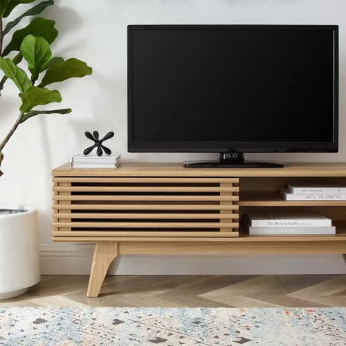 Miniatura 5 de Mueble para televisor de 48 pulgadas Modway Render, de estilo moderno de mediados de siglo con perfil bajo, color roble