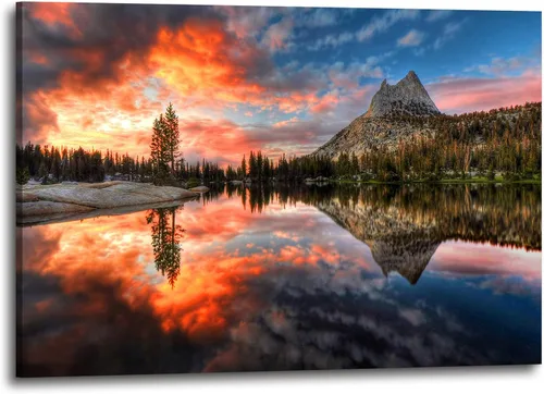 Inpraradiso - Lienzo de Arte de Pared de Naturaleza: Cuadro Panorámico de Paisaje de Lago de Montaña, Árboles del Bosque, Impresión Artística de