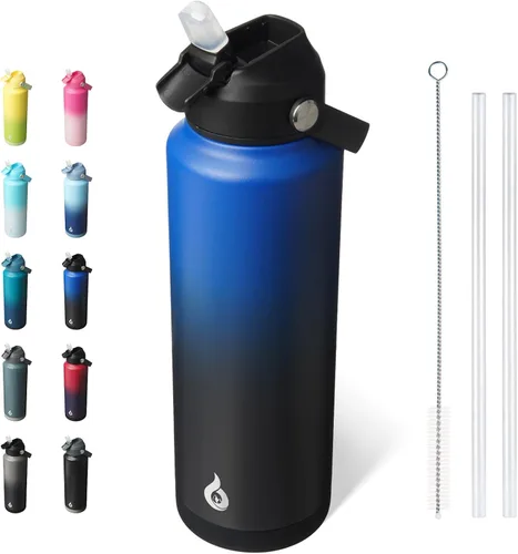 Miniatura 49 de BJPKPK - Botella de agua aislada con tapa de popote, 532 ml Botellas termo con boquilla suave, asa flexible y base antideslizante, libre de BPA, a