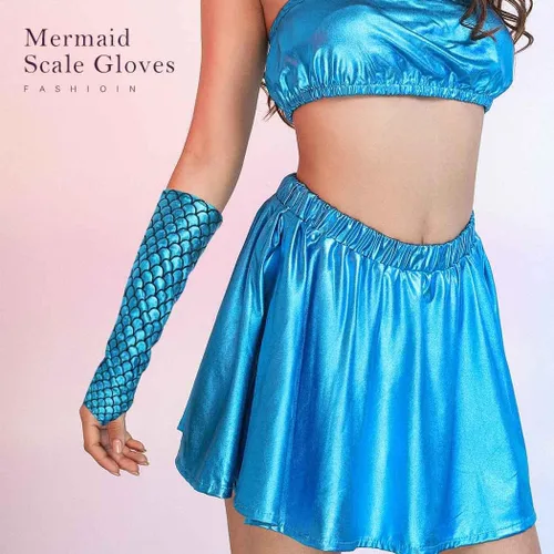 Miniatura 3 de RELBCY Guantes de escamas metálicas, guantes sin dedos, guantes largos para fiesta, accesorios de disfraces para mujeres y niñas