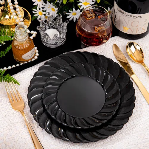 Miniatura 7 de U-QE 100 platos de plástico negro, platos desechables negros resistentes, que incluyen 50 platos llanos de 9 pulgadas y 50 platos de postre de 6.5