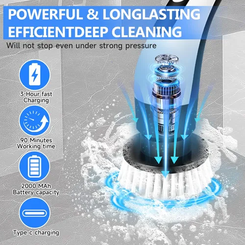 Miniatura 2 de Limpiador giratorio eléctrico inalámbrico con 8 cabezales de cepillo, limpieza de mano y ducha con mango ajustable, IPX7 impermeable para ducha